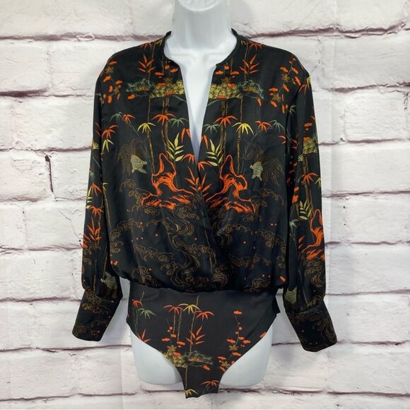 Zara Accessories Bodysuit Plunging V Neck Top Size M Black Orange Floral Turtle - Picture 1 of 16